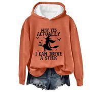 AMDOLE Costume Halloween da donna con cappuccio con stampa "Perché sì, in realtà posso guidare un bastone", giacca a maglia grossa da donna, Colore: arancione., M