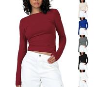 AMDOLE Maglia a maniche lunghe da donna, elegante, basic, Y2K, slim fit, crop top, Colore: rosso, S