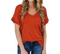 AMDOLE Maglietta a maniche lunghe da donna estiva con scollo a V e taschino, a maniche corte, top largo, top, Colore: arancione., 5XL