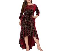 AMDOLE Maxi abito da donna in velluto extra lungo con maniche a sette maniche e orlo basso, Rosso, XXXXXL