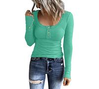 AMDOLE T-shirt da donna Henley T Shirt Button Down Slim Fit Top girocollo a costine camicie a maniche lunghe da donna, Verde chiaro, XL