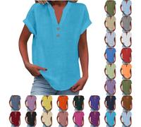 AMDOLE Top da donna 2025 estivo in cotone e lino con maniche ad aletta con bottoni e scollo a V, tunica, alla moda, ampio, tinta unita, casual, camicetta alla moda, azzurro cielo., 5XL