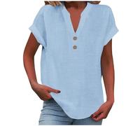 AMDOLE Top da donna 2025 estivo in cotone e lino con maniche ad aletta con bottoni e scollo a V, tunica, alla moda, ampio, tinta unita, casual, camicetta alla moda, Azzurro, 3XL