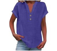 AMDOLE, Top da donna, maglietta estiva in lino e cotone, maniche corte a cappuccio, scollo a V, tunica alla moda, tinta unita, camicetta alla moda, maniche corte, T-shirt casual da donna, Blu scuro, L