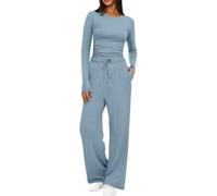 AMDOLE Tuta da donna Primavera Autunno Due Pezzi Tute a Manica Lunga Crop Tee Shirt Pantaloni Gamba Larga Set Lounge Abbinati, Azzurro 1, L