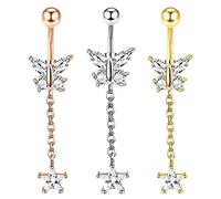 AMDXD 14 G piercing per ombelico, 3 pezzi, piercing per ombelico, farfalla, stella, anello per il corpo, gioiello con zircone, per donne e ragazze - tricolore