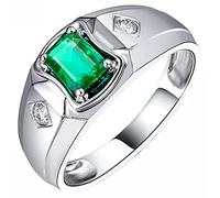 AmDxD Anelli di fidanzamento in oro bianco 18 carati 0,59 CT rettangolo smeraldo con due diamanti da uomo, per matrimonio, fidanzamento, proposta di matrimonio, Oro bianco 18 carati, Smeraldo