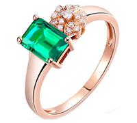 AmDxD Anelli di fidanzamento in oro rosa 18 carati, 1 ct smeraldo rettangolo e fiore a forma di diamante 0,07 ct da donna, Oro rosa 18 carati, Smeraldo