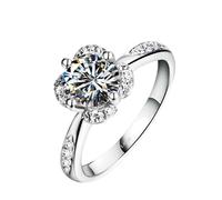 AMDXD Anello di fidanzamento in oro bianco 18 carati, 750, realizzato in laboratorio, con 4 petali di fiori, taglio rotondo, in vero oro 18 carati, misura 49-70, Oro bianco 18 carati (750