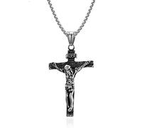 AMDXD Collana da uomo in acciaio inox, ciondolo a forma di croce Gesù religione, in stile retrò, da uomo, per donne e uomini, argento