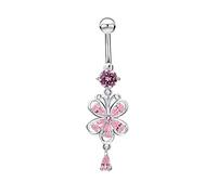 AMDXD Piercing per ombelico, in acciaio chirurgico rosa, argento, con ciondolo a forma di farfalla, a banana, con cristalli rosa, 50 mm