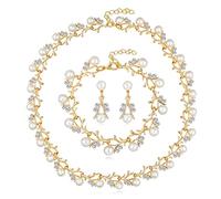 AMDXD Set di 4 gioielli bohémien da donna con ciondolo a forma di foglia, placcato oro, orecchini e bracciali da donna con perla bianca - oro, collana lunghezza 45 cm