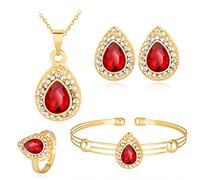 AMDXD Set di 5 collane da donna con ciondolo a goccia, placcato oro, anello nuziale e orecchini boho e bracciali da donna con zirconi rossi - rosso