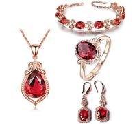 AMDXD Set di 5 collane da donna, con ciondolo a goccia, placcato oro rosa, anello nuziale e orecchini da donna e da donna, con zirconi rossi, oro rosa