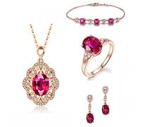 AMDXD Set di 5 gioielli da donna, con ciondolo a forma di fiori, placcato oro rosa, anello per matrimonio, vintage, gioielli e orecchini da donna, con zirconi rossi, oro rosa