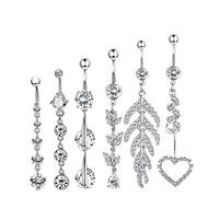 AMDXD Set di 6 piercing per ombelico, a forma di foglia, a forma di cuore, rotondo, ciondolo a banana, con zirconi, per uomo e donna, acciaio inox, Zirconia cubica