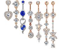 AMDXD Set di 7 piercing per ombelico da 14 g, con ciondolo a forma di cuore, con zirconi, per uomo e donna, Acciaio inossidabile, Zirconia cubica