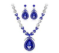 AMDXD Set di gioielli per matrimonio, 3 pezzi, catena statica grande, bigiotteria alla moda, ciondolo a goccia, placcato argento, orecchini da donna con zirconi blu, lunghezza 48 cm