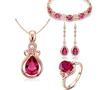 AMDXD Set di gioielli per matrimonio, 5 pezzi, collana vintage a goccia, ciondolo a goccia, placcato oro rosa, anelli di nozze e orecchini per ragazze e bracciali da donna con zirconi rossi, oro rosa