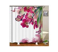 AmDxD Tenda da doccia in poliestere, stampa 3D, motivo fiori e farfalle, tenda da bagno, con 12 anelli per tenda da doccia, 90 x 180 cm, colore rosa bianco