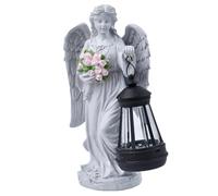 Ameble Statua di angelo con luce solare Fiore portatile in resina Statuetta di angelo da giardino Esterno Patio Cortile Memoriale Ornamento decorativo da giardino
