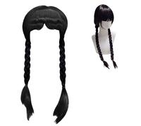 Amebleak Parrucca Mercoledi Addams Bambina, Adams Wig Intrecciate Nere, Parrucca Lunga con Frangia, Parrucca Nera Trecce per Cosplay Party Halloween Carnevale, Nero