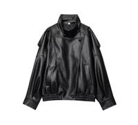 AMEEDA Giacca Aderente Donna Chic Black Faux Leather Jackets Women Long Sleeve Buttons Elastic Oversized Coats Streetwear(M)