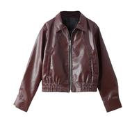 AMEEDA Giacca Aderente Donna Wine Red Lapel Leather Short Coat Retro Women's Zipper Long Sleeve Jackets Fashion High Street Style(M)