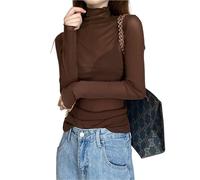 AMEEDA Maglia Pizzo Manica Lunga Maglietta Sexy da Donna, Trasparente, in Rete, a Maniche Lunghe, Sottile, con Collo Alto, in Seta, in Pizzo(Coffee,L)
