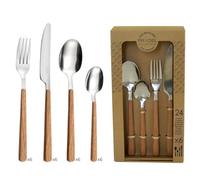 Amefa Bosquet - Set di posate da 24 pezzi, in acciaio inox 18/0, manico in legno, adatto per lavastoviglie