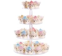 AMEITECH Alzata per cupcake, espositore per cupcake rotondo in acrilico a 4 livelli Alzata per pasticceria a torre per dolci per feste a tema di compleanno di matrimoni - 38,8 cm (trasparente)