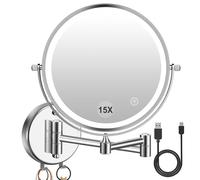Amelar Specchio da trucco da parete 1X/15X con gancio, ricaricabile tramite USB, luci a LED a 3 colori, specchio ingranditore da 20 cm su due lati, interruttore touch, spegnimento intelligente,
