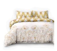 AmeliaHome 06709 - Set di biancheria da letto in flanella, 4 pezzi, 155 x 220 cm, con 2 federe da 80 x 80 cm, 100% cotone, motivo geometrico, copripiumino con chiusura lampo, motivo: papaveri dorati