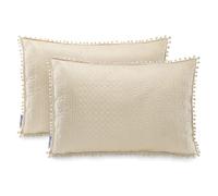 AmeliaHome 2 federe con pompon double face, trapuntatura ultrasonica, 50 x 70 cm, Meadore Beige