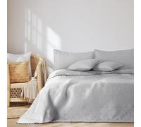 AmeliaHome Copriletto con pompon 170 x 210 cm, copriletto double-face, trapuntato, in poliestere, colore: argento