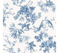 Carta Da Parati Chinoiserie Blu / Bianca Rasch 260554 Uccelli Lavabile Opaco