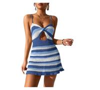 AMENGJ Copricostume da Bagno all'Uncinetto da Donna Abito all'Uncinetto Semitrasparente con Allacciatura sul Retro, Maglia Aperta(Blue,M)