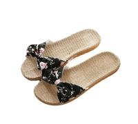 AMENGJ Pantofole di Paglia Ciabatte da Donna in Lino con Fiocco, Sandali Intrecciati, Scarpe Basse Traspiranti, Infradito da Spiaggia in Paglia for Esterni da Donna(Black,37-38)