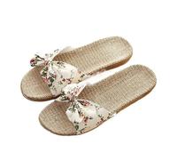 AMENGJ Pantofole di Paglia Ciabatte da Donna in Lino con Fiocco, Sandali Intrecciati, Scarpe Basse Traspiranti, Infradito da Spiaggia in Paglia for Esterni da Donna(Beige,39-40)