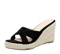 AMENGJ Pantofole di Paglia Sandali con Zeppa e Plateau Casual da Donna, Punta Aperta, Intrecciati in Paglia, Pantofole Romane, Taglia 34-39, Scarpe da Spiaggia da Donna(Black,34)