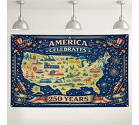 America Celebrates 250 Years Wall Backdrop, design vintage mappa, sfondo decorativo blu e giallo per eventi del giorno dell'indipendenza, decorazioni per feste, 180 x 109 cm