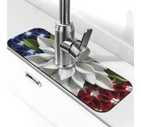 America Patriotic Flower Faucet Mat per lavello da cucina Splash Guard 14,9 cm × 38,1 cm Diatomite Tappetino ad asciugatura rapida Vassoio per lavello Super Assorbente Rubinetto Ventosa Maniglia Drip