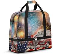 American Memorial Day Old Car Travel Duffle Bag per donne uomini weekend borse per la notte pieghevole bagnato separato 47 L Tote Bag per sport palestra yoga, Colore, 47L, Organizer per borse