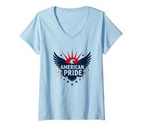 American Pride: Emblema dell'aquila patriottica per i patrioti Maglietta con Collo a V, Donna, Celeste, XXL
