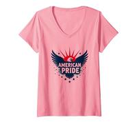 American Pride: Emblema dell'aquila patriottica per i patrioti Maglietta con Collo a V, Donna, Rosa, L