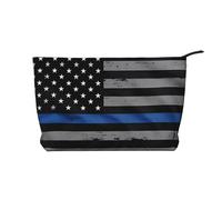 American Thin Blue Line Flag Chiusura a Cerniera Borsa per il trucco in velluto a coste Organizer multifunzionale 22x7x17cm per Viaggi Campeggio Vacanza Fitness, Nero , Taglia unica