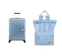American Tourister Aerostep & Urban Groove - Valigia espandibile, 67 cm, 66,5/72,5 L & Zaino, 36 cm, 17 L - Set da viaggio bicolore - Grigio/Blu