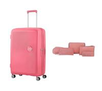 American Tourister Soundbox valigia rigida 77 cm grande rosa con set di sacchetti da viaggio 5 pezzi, viola/rosa