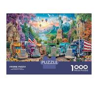 American Truck Scene 1000 Pezzi Puzzle in Cartone Riciclato Con Design Molto Difficile E Attraente Vintage Town Balloons Mountains per Stimolare La Creatività E Decorare Lo Spazio Interno 52x38cm/10