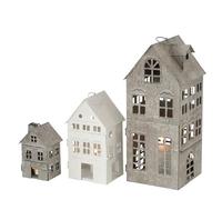 Americana Main Street - Set di 3 lanterne a candela, stile vintage, bianco e grigio rustico, in metallo, porte a battente, altezza 36,5 cm, 21,5 cm, 13,5 cm